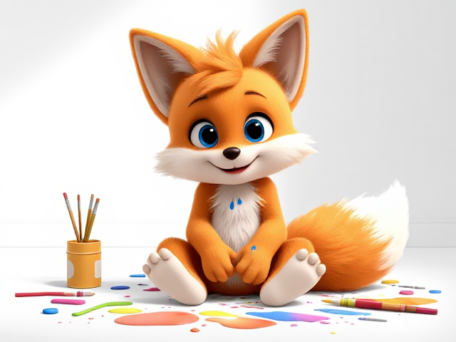 A very cute and young depiction of Miles "Tails" Prower, the Two-Tailed fox, with fluffy fur and a vibrant orange coat, sitting on his butt in a blank white room. Around him are various paint and painting utensils scattered as he playfully attempts to make art with his hands. Tails has different colors of paint splattered over his fur, with colorful smudges on his cheeks and paws. His big blue eyes are filled with joy and excitement as he creates his masterpiece. The room has a soft shadow effect to give depth to the scene