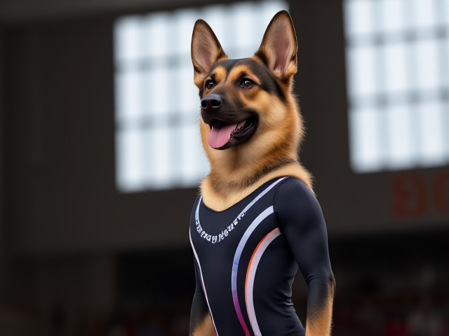 A German shepherd Olympic gymnast wearing a leotard