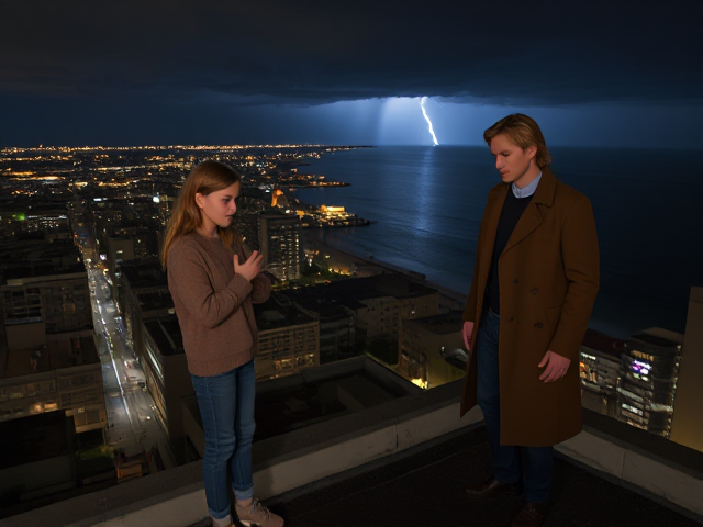 A petite 13-year-old girl with strawberry blonde hair, wearing a pullover and jeans, is standing on the roof ledge of a night club. Next to her on the roof, standing nearby is a modern-day, pale skinned vampire in his late twenties, with blonde hair, dressed in a brown trench coat and jeans. He appears uneasy as he looks at her. The girl gestures angrily at him, flailing her arms. A thunderstorm approaches the cityscape from the sea shore. Set at night.