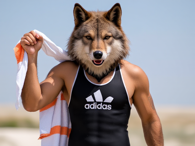 A anthropomorphic wolf wearing an adidas swimsuit drying off with a towel
