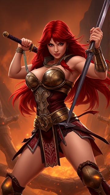 Alison Tyler as Red Sonja,warrior woman,posing with a sword,battle-ready, battle scene, fire and chaos, dynamic pose