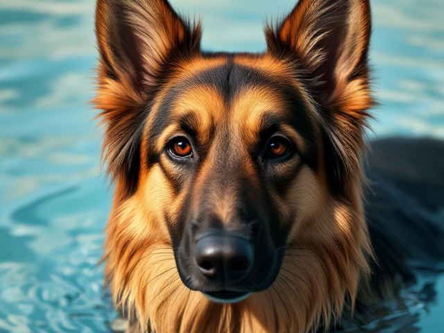 A long haired German shepherd wearing swimming goggles