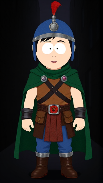 Dramatic South Park scene: Stan Marsh from South Park, light skin and black hair, but as a 14-Year Old teenager with a muscular torso, dressed as a medieval warrior, wearing a light brown tank top, a black belt with a red buckle adorned with a castle emblem with brown pouches and the scabbard for his enchanted sword attached to it, blue jeans, steel armored boots, jeweled wrist cuffs, a really big, heel-length long, ultra-wide green cape held up by two silver buttons with red jewels with a strong unbreakable wire connecting them both, and a blue helmet with buffalo emblems on both sides, outlined by silver steel rims going around and across the top, with a really long red feather sticking out at the top. He is now known as Sir Marsh. Despite still being a teenage kid, he is the Youngest Commander of the Zaronian Army, and one of the youngest and greatest heroes hailing from South Park, Colorado, but now reborn as the real life Kingdom of Kupa Keep, Zaron. In this scene, the young teenage hero is currently standing in a dark alleyway, awaiting the arrival of someone he knows.