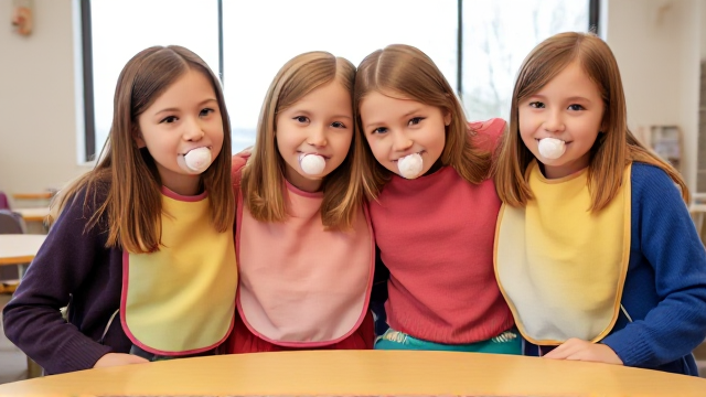 Quatre filles adolescentes aux cheveux lisses et dégagé et de différentes couleurs a l'avant assis a table  dans une cantine de maternelle avec des grands bavoirs multicolore et des tétines en bouches elles ont des pull de différentes couleurs que les Bavoirs et avec des pantalons elle se font un gros câlin et il y a une grande fenêtre derrière la table