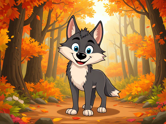 cartoon-style wolf standing in a vibrant autumn forest with colorful falling leaves, sunlight filtering through the trees, and a playful expression on the wolf's face