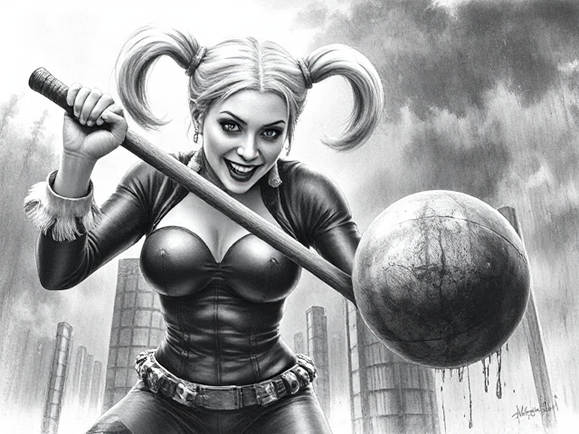 Harley Quinn hitting the joker with a comically large mallet