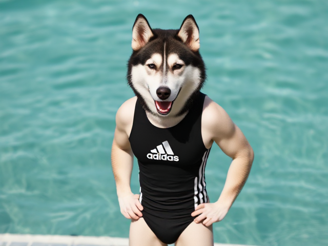 A handsome anthropomorphic Siberian husky wearing an adidas swimsuit