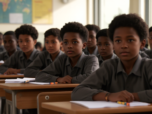 Des élèves noirs de huit ans assis en classe, écoutant attentivement le professeur, avec des cahiers et des crayons sur leurs bureaux
