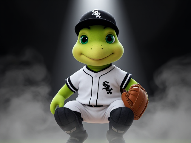 An athletic stuffed animal turtle green eyed wearing a white Sox uniform black jersey white pants black socks black cleats wearing leg guards wearing a catchers mitt smiling