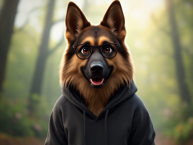 A anthropomorphic long-haired German shepherd wearing a hoodie, glasses, and leggings