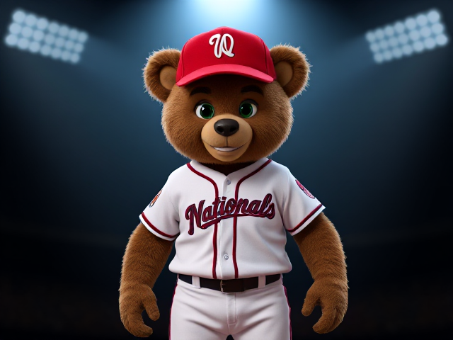 A thin athletic human teddy bear 5 feet 5 inches tall dark creme fur green eyes wearing a nationals uniform red hat with a white letter N logo white jersey with Nats written across the front in navy and red white baseball pants with red and navy piping down the sides red baseball socks navy and red baseball cleats smiling