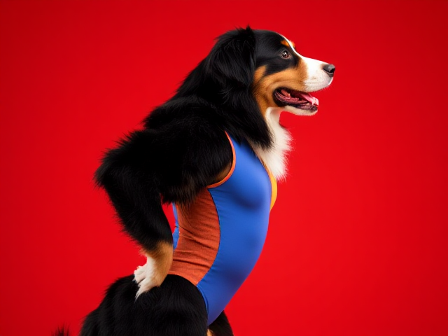 Bernese mountain dog with strong hips, wearing a colorful gymnastics leotard, in an athletic pose, vibrant background