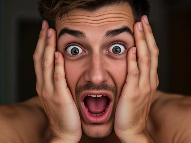 a sexy man with hands on his face. eyes wide and mouth wide in surprise. wearing clothes. looking at the viewer. hi res/ photorealistic with bright vibrant colours.