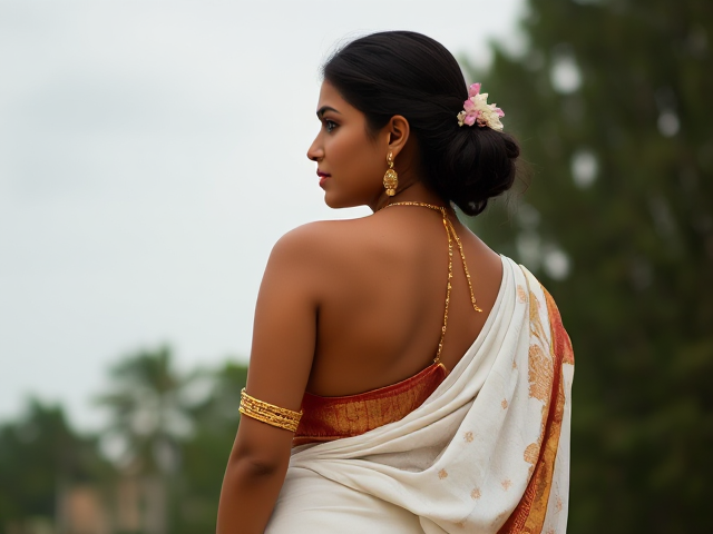 Indian young woman dressed in a white saree and gold traditional jewelry with her back turned. Modernized. Painting