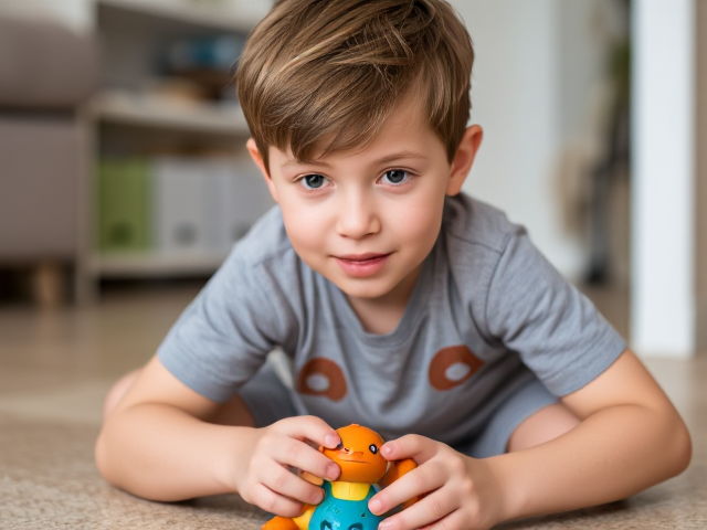 A young boy with brown hair white skin and lots of freckles sitting on the floor playing with a Pokémon toy