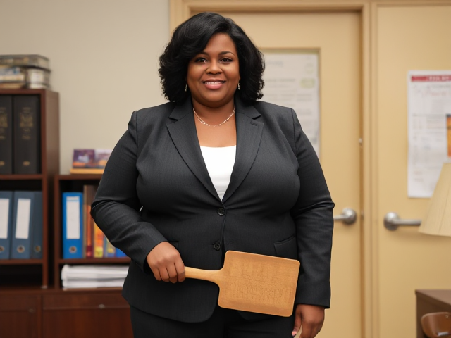 A tall, fat, black female in her 50s and dressed in a business pants suit, is a principal of an elementary school. She is standing in her office holding a spanking paddle.