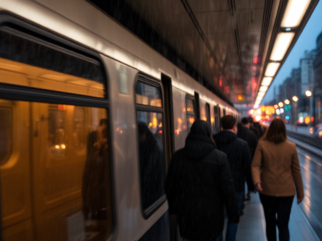 Une photo d'un métro sous la pluie, avec un flou de mouvement et des reflets sur les fenêtres. Des personnes marchent le long du train, et les lumières de la ville créent un mélange de tons orange et bleu sarcelle, donnant à l'image une ambiance cinématographique.