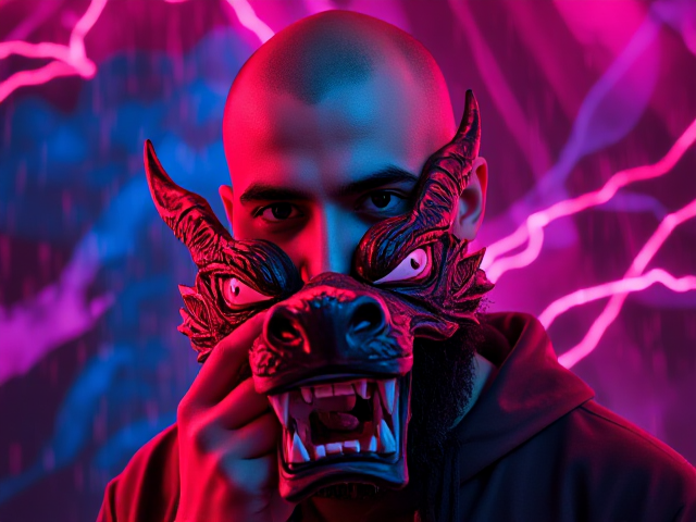 A bald young Muslim man with a bushy beard holding a dragon mask close to their face. Neon lighting in shades of red, pink, and blue adds a vivid, cyberpunk aesthetic to the scene. The background features dynamic, abstract patterns and splashes of glowing, energetic lines, enhancing the fierce and mysterious atmosphere. Rain effects add to the dramatic tone, with raindrops cutting through the vibrant lighting.