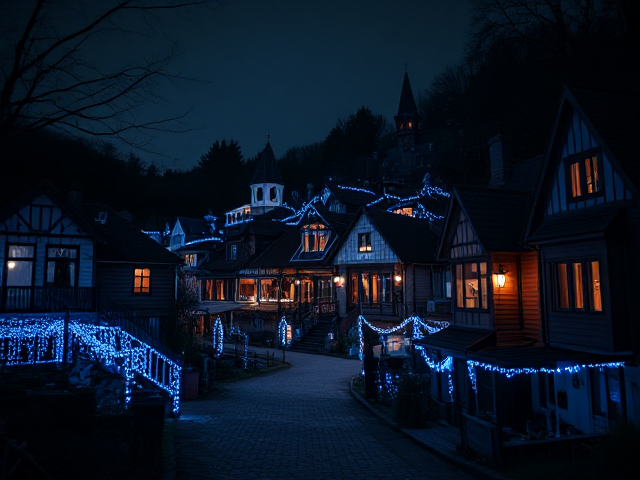 A ghost themed town with blue lights decorated