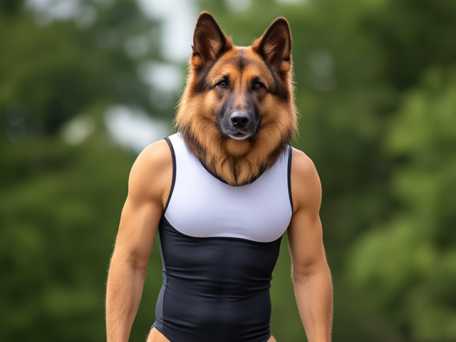 A anthropomorphic long haired German shepherd with a long torso and broad shoulders wearing a racing swimsuit
