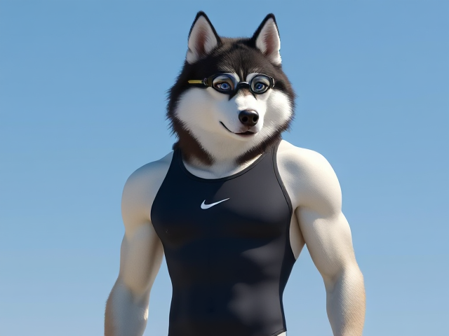 A tall anthropomorphic Siberian husky with a long torso and broad shoulders wearing a high cut Nike one piece swimsuit and Freediving goggles