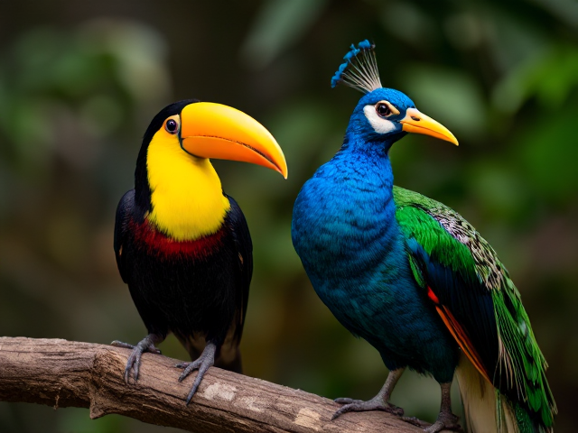 A tucan next to a green peacock