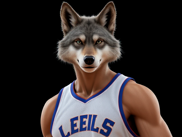 A tall and lean anthropomorphic gray wolf basketball player