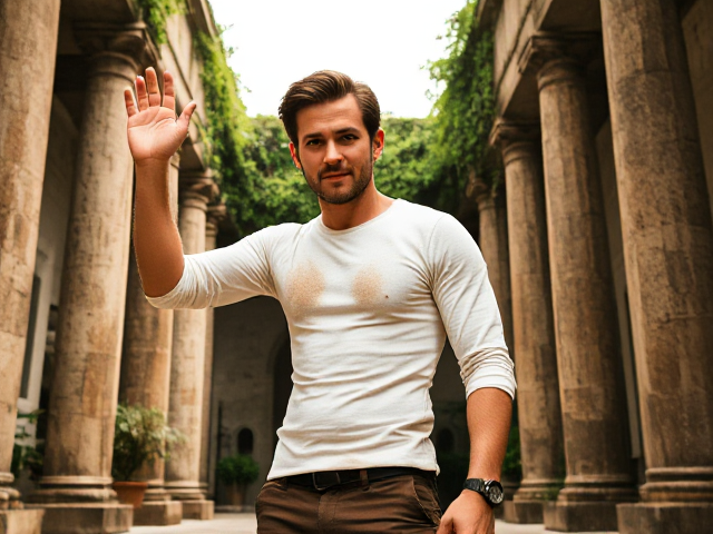 Create a rugged, adventurous man standing in an ancient courtyard with tall stone pillars and overgrown greenery. He is wearing a dirt-stained, fitted white shirt with rolled-up sleeves and rugged brown pants. His face has light stubble, a determined expression, and a few scrapes. His hair is short, slightly messy, and brown. One of his hands is raised, but it’s empty, as if he’s holding something or reaching forward. The arm is slightly bent at the elbow, and the hand is positioned as if gripping an invisible object. His body is slightly turned to the side, giving the impression of movement, with his head turned to look in the same direction. The angle should show him standing confidently in the center of the courtyard, with a slight upward perspective, highlighting his adventurous stance. The lighting should cast soft shadows, emphasizing his rugged features and the sense of mystery in the scene."