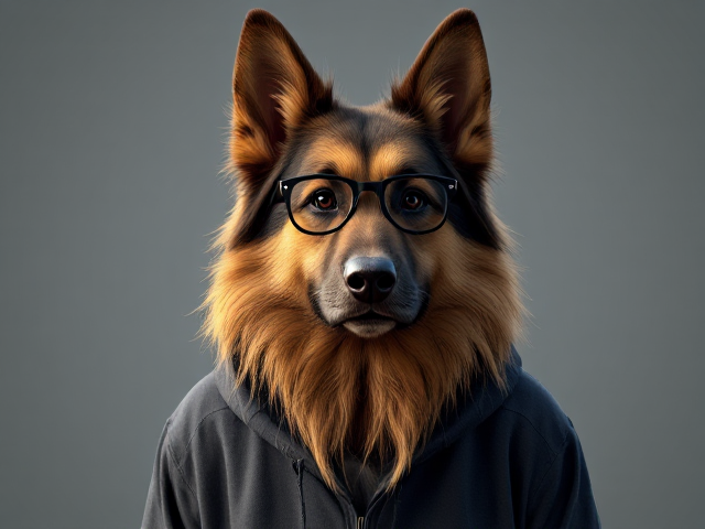 A anthropomorphic long-haired German shepherd wearing a hoodie, glasses, and leggings
