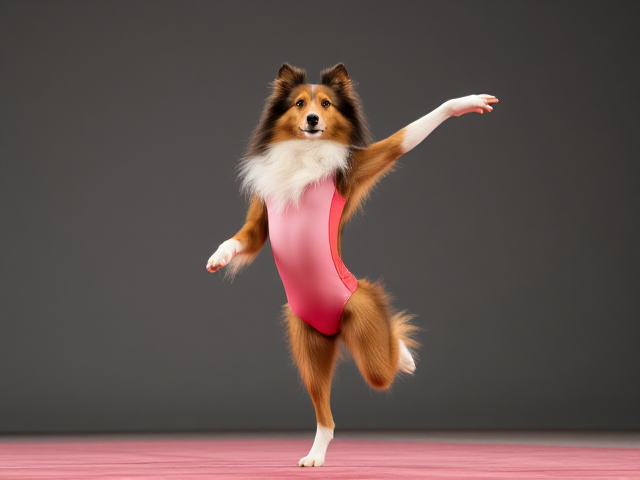A anthropomorphic rough collie doing gymnastics wearing a leotard