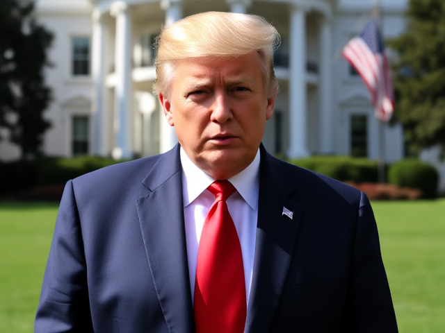 Donald Trump, wearing a navy blue suit and a red tie, standing in front of the White House, with a determined expression on his face, sunlight casting shadows on the lawn, American flag waving in the background