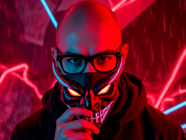 A bald young man with a bushy beard and wearing black-framed eyeglasses holding an Oni Masks close to their face. Neon lighting in shades of red and turquoise adds a vivid, cyberpunk aesthetic to the scene. The background features dynamic, abstract patterns and splashes of glowing, energetic lines, enhancing the fierce and mysterious atmosphere. Rain effects add to the dramatic tone, with raindrops cutting through the vibrant lighting.