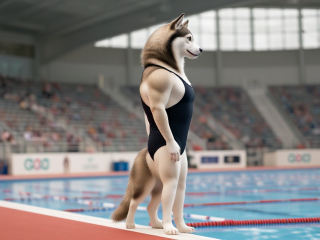 A tall ((anthropomorphic)) Siberian husky Olympic swimmer with a long torso  wearing a one piece swimsuit standing on the pool deck