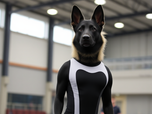 A anthropomorphic black German shepherd with blonde hair wearing a gymnastics leotard in a gymnasium