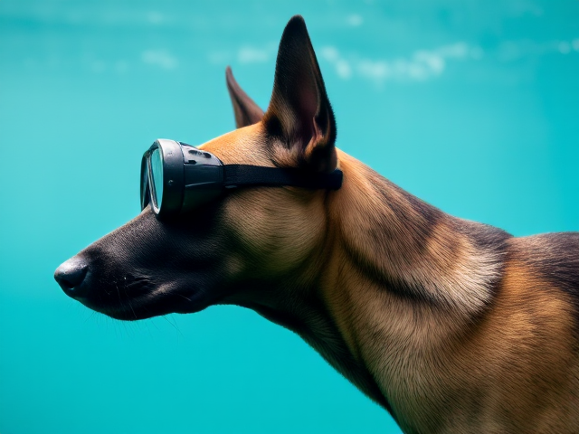 A Belgian malinois with visible ribs wearing Freediving goggles