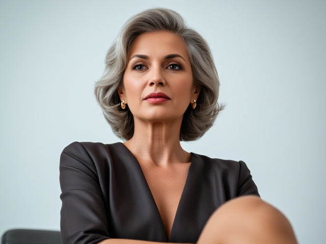 Elegant and sophisticated woman in her 50s with gracefully styled grey hair, wearing chic high heels, poised and exuding confidence, detailed facial features, luxurious fabric attire, soft lighting