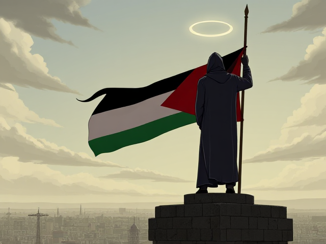 the Palestine Flag being waved by a hooded figure on top of a tower as he watches over the people of Palestine as a guardian angel after they have been surviving the attacks they are under. Animated in the style of telltale the walking dead