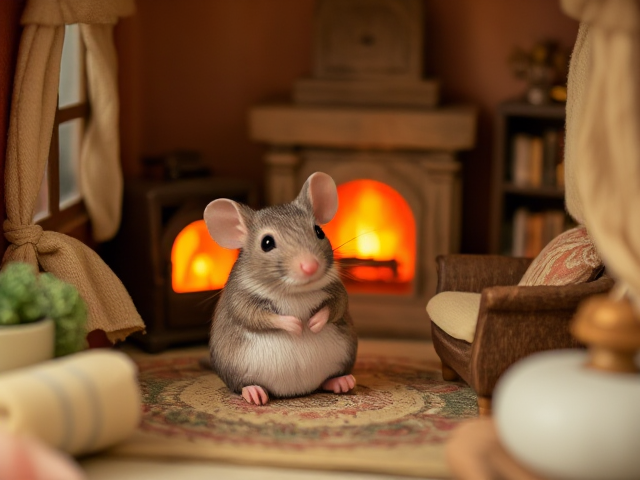 Mouse sitting in a cozy, warmly lit room with a small fireplace, surrounded by tiny furniture like a miniature armchair and bookshelf, decorated with soft textiles and warm colors