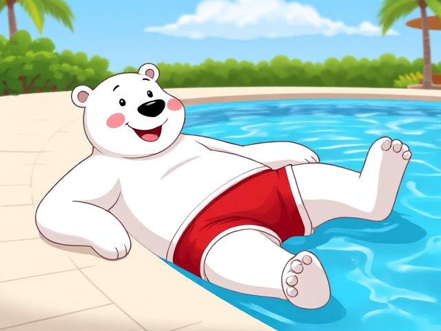 Cartoon polar bear lounging by a pool, wearing bright red swim trunks, smiling happily, sunny day, playful style
