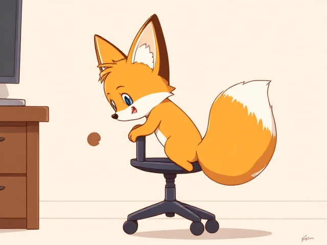 A very adorable illustration of a small two-tailed fox named Tails, struggling to climb onto an office chair due to his tiny size, with a little brown fart cloud emitting from his butt