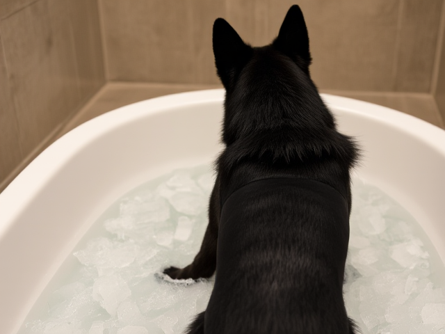 A anthropomorphic black German shepherd wearing a gymnastics leotard in a bath tub full of ice