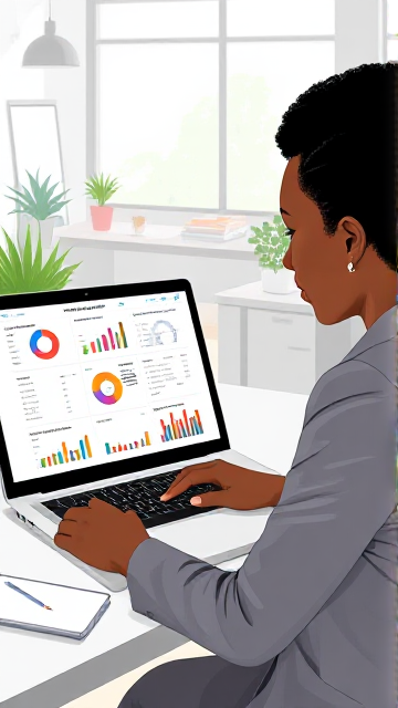 A modern, professional illustration depicting a business owner analyzing financial data using a digital Chart of Accounts interface. The scene includes a sleek laptop screen showing colorful graphs, pie charts, and account categories. The background is a bright office environment with a desk, plants, and office supplies. The business owner, a middle-aged African woman in smart casual attire, appears focused and engaged, representing the importance of financial management. The overall tone is optimistic and productive, highlighting the benefits of using a modern financial management tool