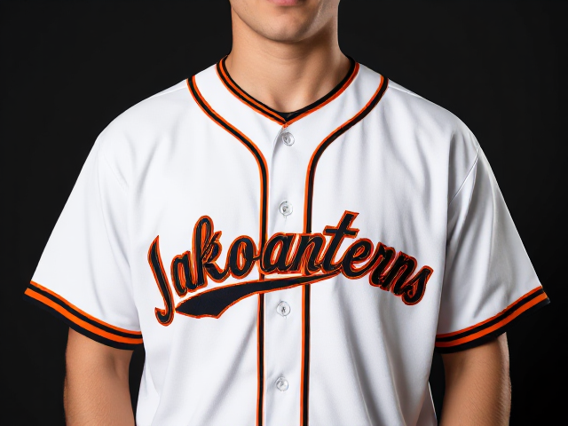 white baseball jersey with Jackolanterns written across the front in orange and black with black and orange piping around the neck and cuffs of the jersey