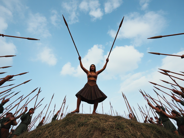 A circle of spears in the air with a dancing twirler trying to stop the war
