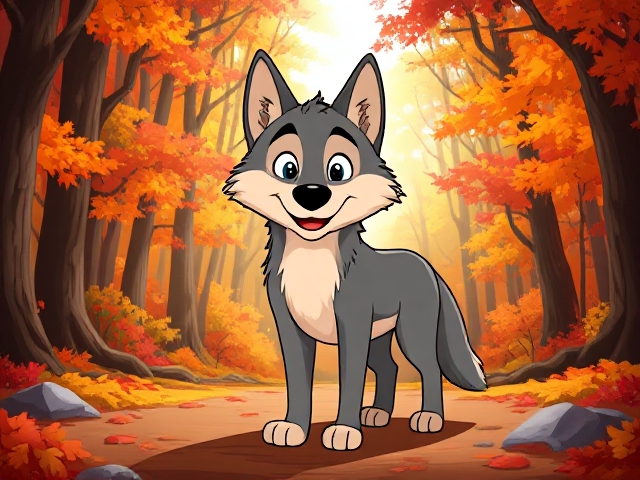 cartoon-style wolf standing in a vibrant autumn forest with colorful falling leaves, sunlight filtering through the trees, and a playful expression on the wolf's face