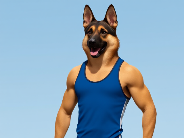A tall and lean anthropomorphic German shepherd with long forearms wearing a water polo swimsuit