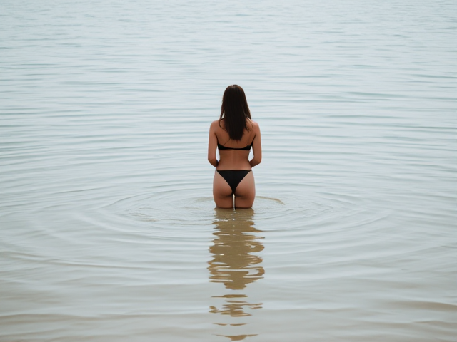 Woman standing in water back