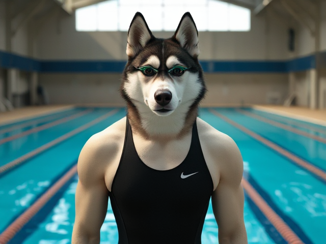A tall anthropomorphic Siberian husky with a long torso and broad shoulders wearing a high cut Nike one piece swimsuit and swimming goggles at a high school swimming pool