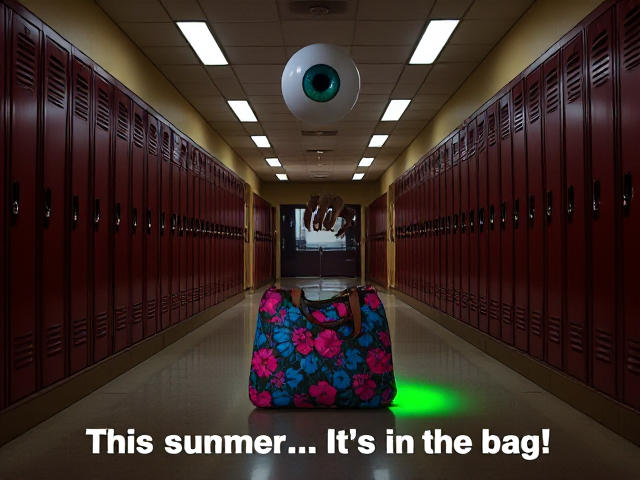 The setting is a school hallway at night, from the perspective of someone looking down it. The ceiling are lined with tube lights, some of which are off. The lockers in the hallway are painted in maroon and gold colors. In the foreground of the picture, there must be a floral handbag in center of the floor, decorated brightly with neon pink and blue. The bag is slightly open, with an eerie green light is filtering out of the top. In the distance of the hallway, one giant, floating eyeball with a green iris can be seen. The hallway has many closed doors, but one is slightly open, from which giant, menacing human nails can be seen clutching at the hallway. At the bottom of the photo, the words “This summer…. It’s in the bag!” Must be written, as on a movie poster