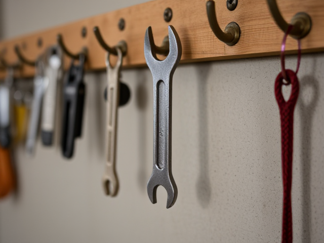 few tools like a wrench or keychain hanging from hooks